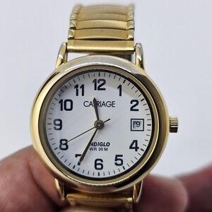 Carriage‎ Timex Watch Women 28MM White Dial Date Gold Expansion Band New Battery